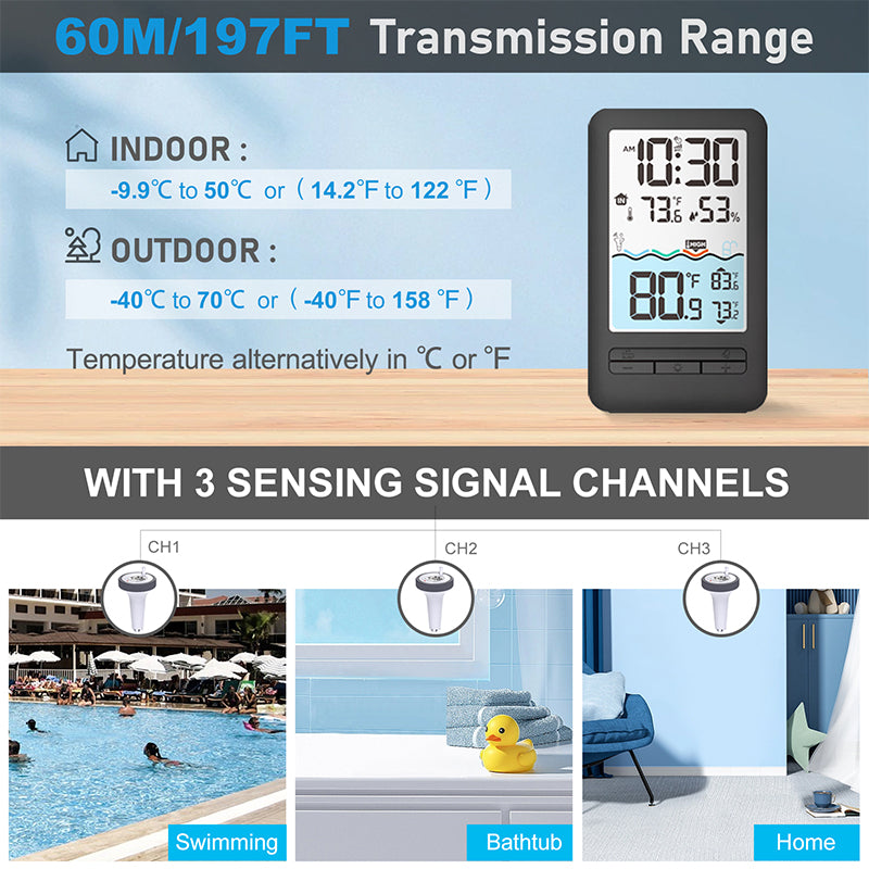 Digital Pool Thermometer 3 Channels Wireless LCD Color Display Waterproof  Floating Swimming Pool Temperature Measuring Meter